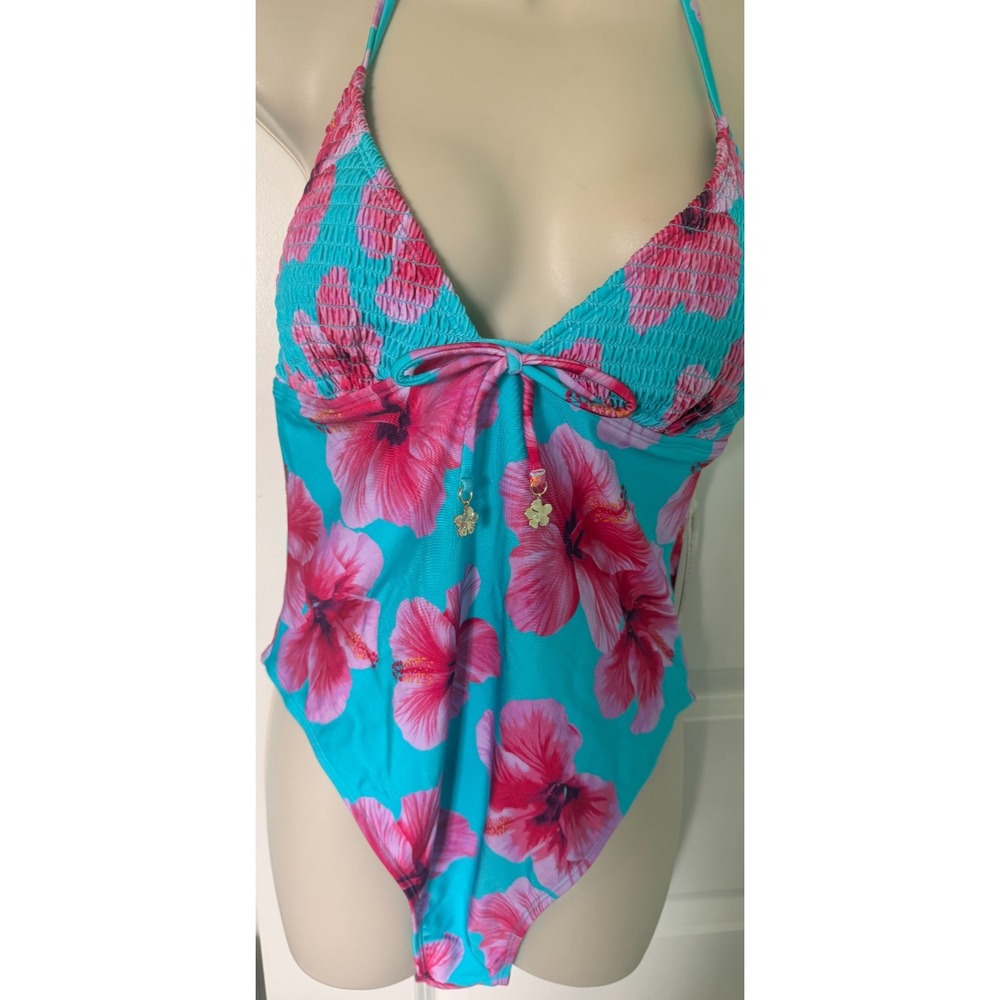NWT No Boundaries Pink Turquoise Floral 1-Pc Swimsuit Cheeky High Leg L (12-14)